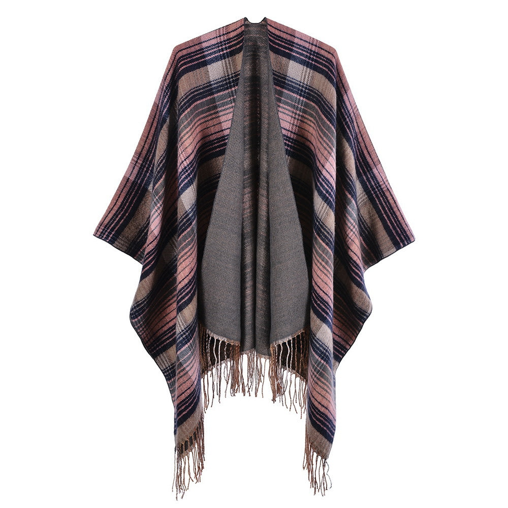 Reversible Striped Plaid Fringed Poncho - Pink_Navy