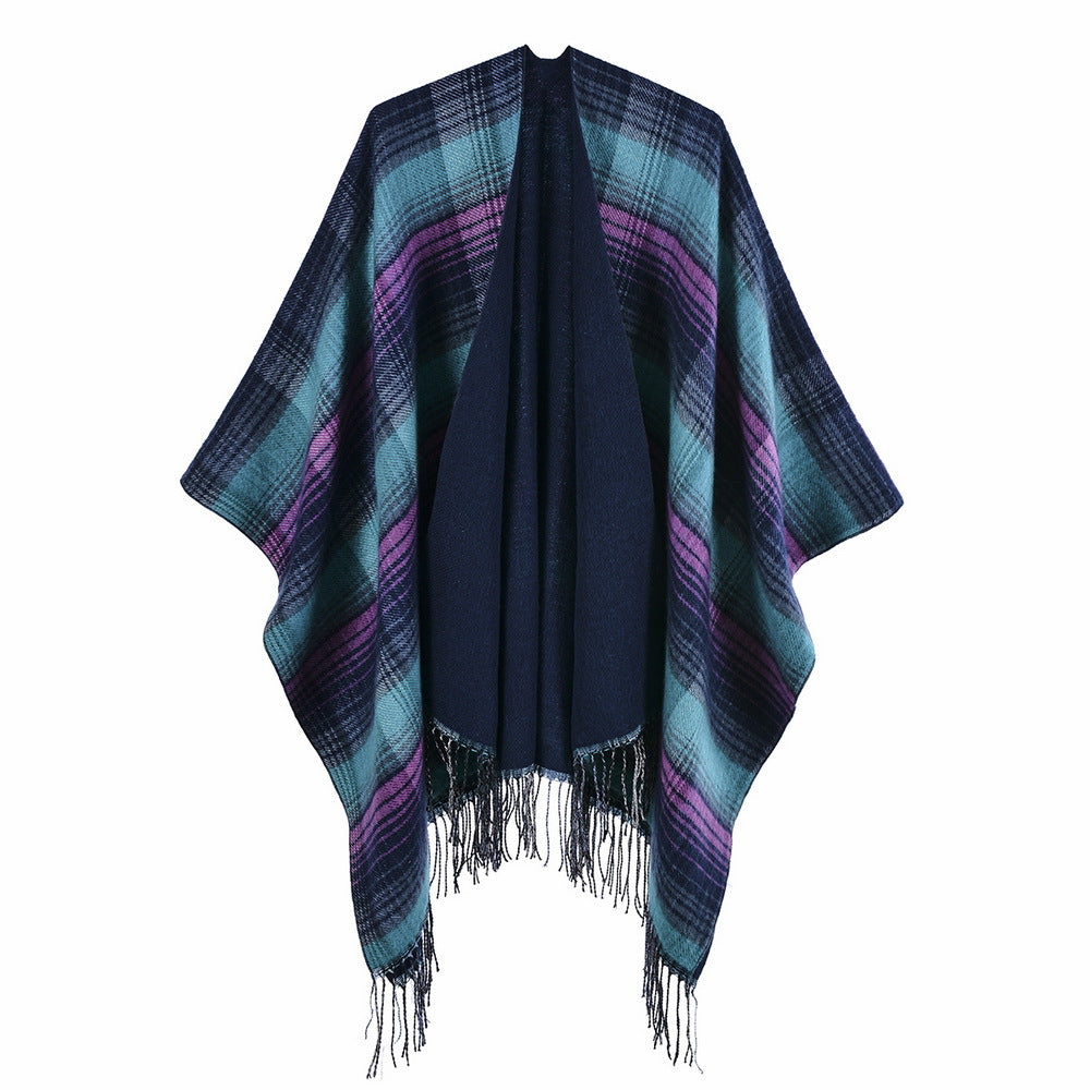 Reversible Striped Plaid Fringed Poncho - Purple