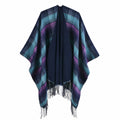 Reversible Striped Plaid Fringed Poncho - Purple