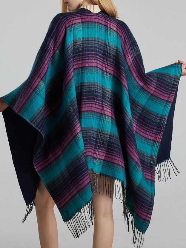 Reversible Striped Plaid Fringed Poncho - Purple - 1