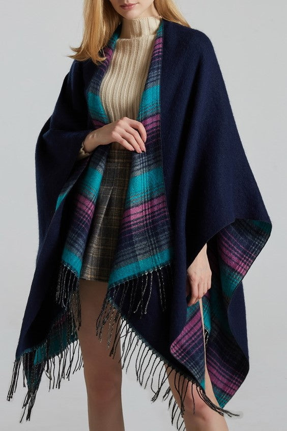 Reversible Striped Plaid Fringed Poncho - Purple - 2