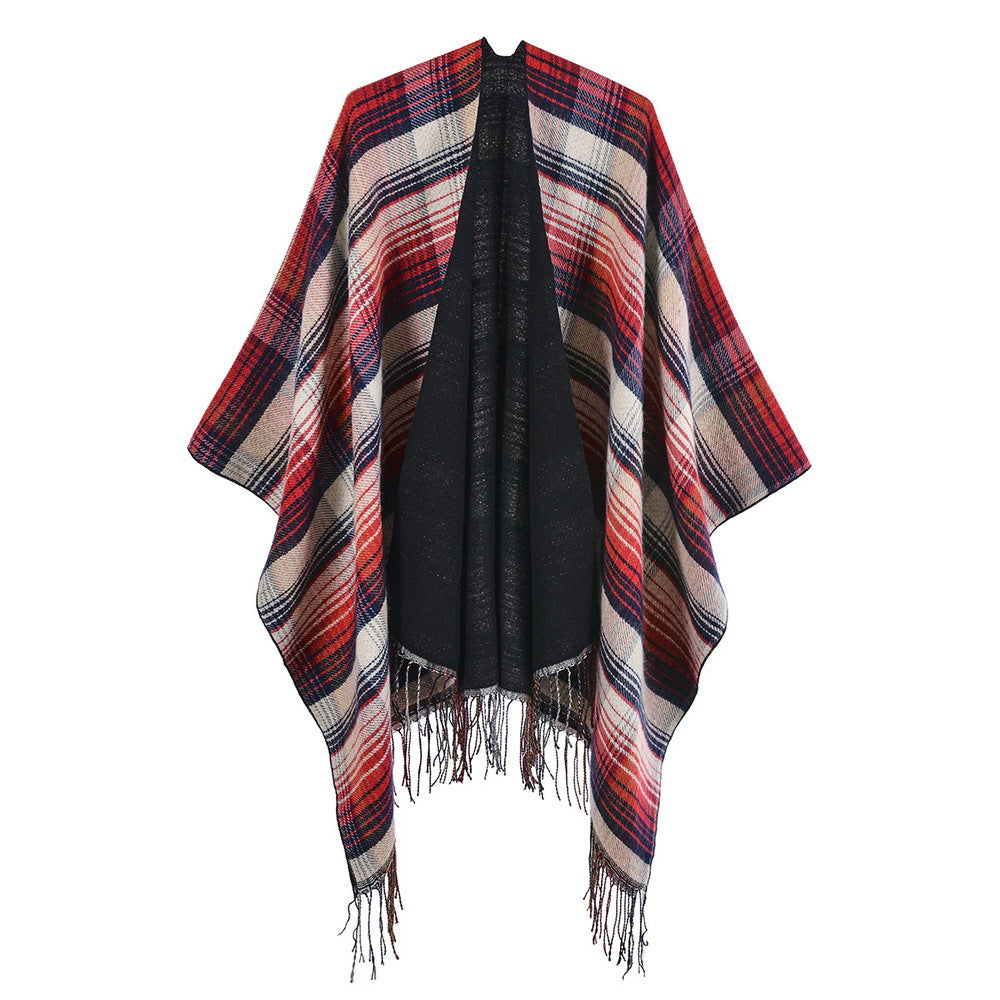 Reversible Striped Plaid Fringed Poncho - Red