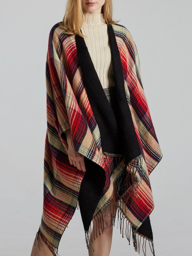 Reversible Striped Plaid Fringed Poncho - Red - 1