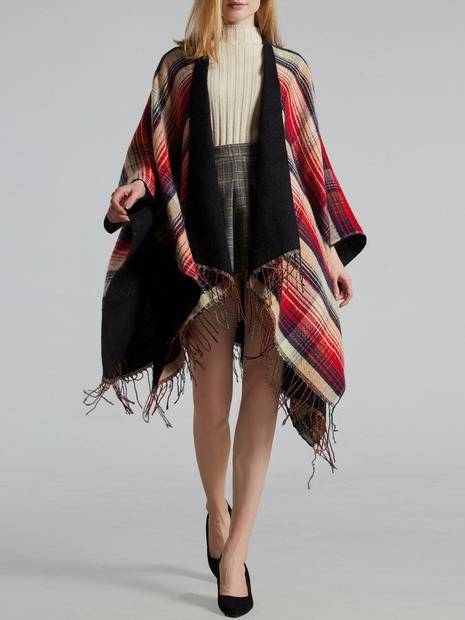 Reversible Striped Plaid Fringed Poncho - Red - 2