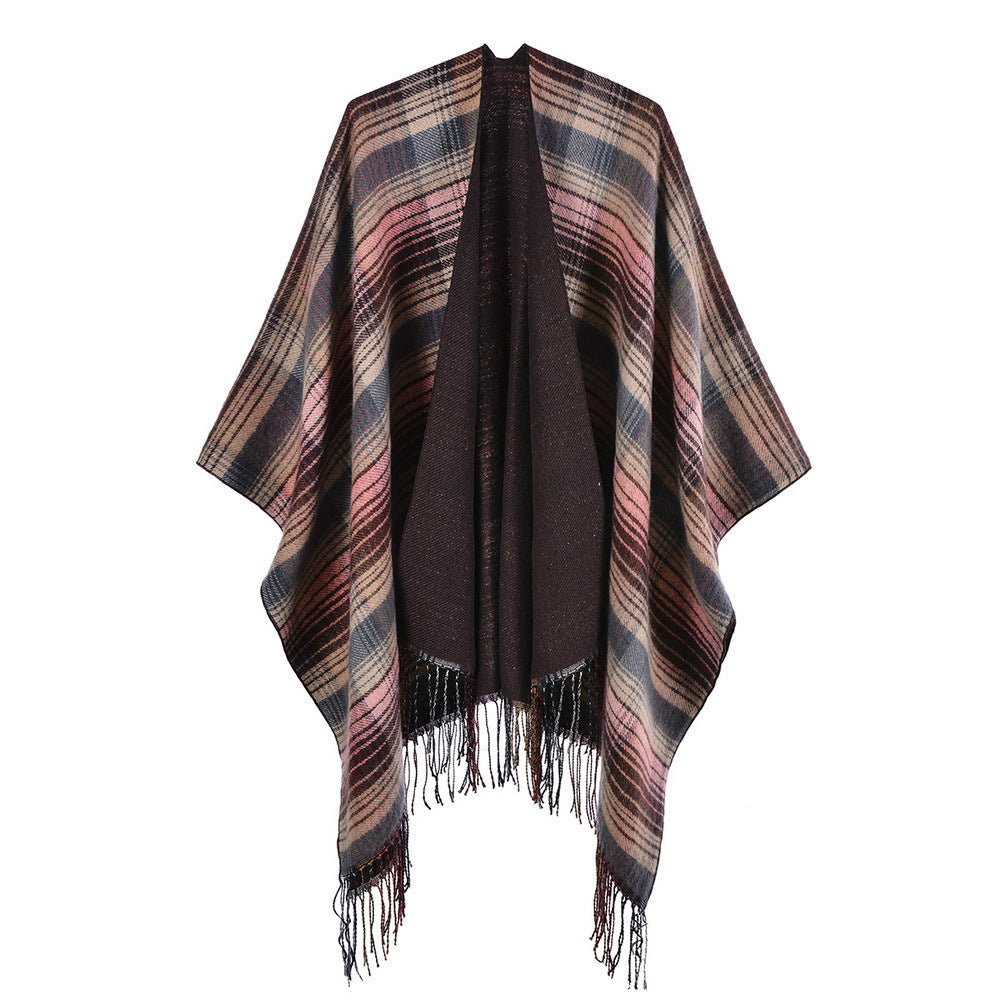 Reversible Striped Plaid Fringed Poncho - pink