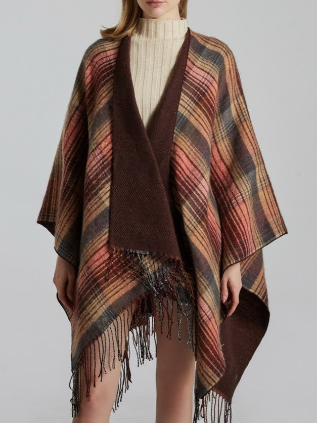 Reversible Striped Plaid Fringed Poncho - pink - 1