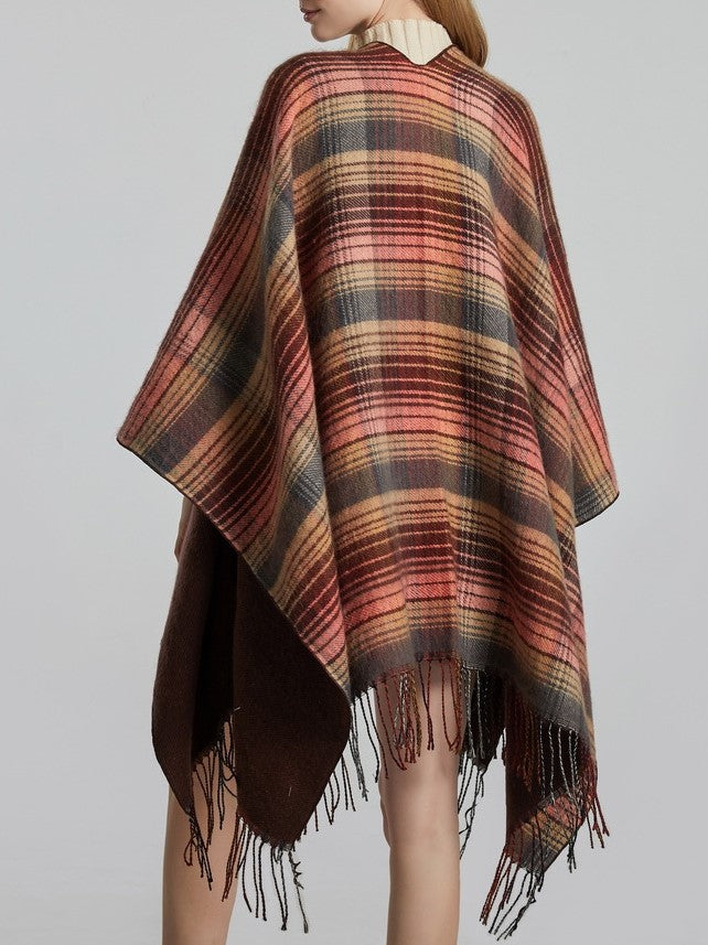Reversible Striped Plaid Fringed Poncho - pink - 2