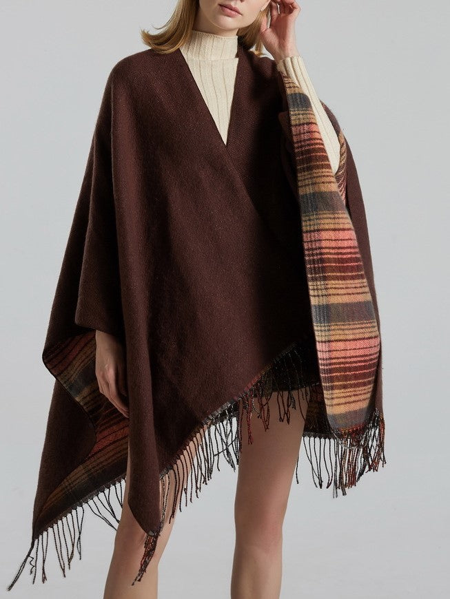 Reversible Striped Plaid Fringed Poncho - pink - 3