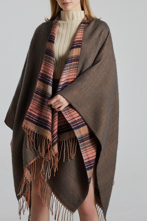 Reversible Striped Plaid Fringed Poncho - pink - 4
