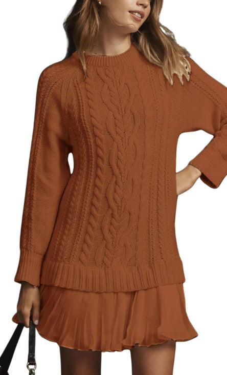 Cable Knit Sweater Dress With Pleated Ruffle Hem - Brown