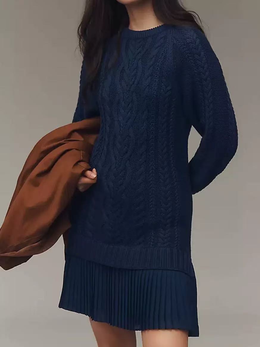Cable Knit Sweater Dress With Pleated Ruffle Hem - Navy