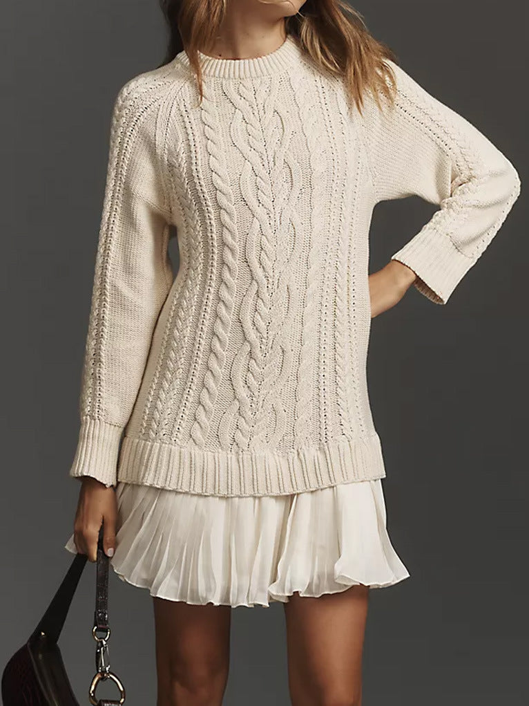 Cable Knit Sweater Dress With Pleated Ruffle Hem - OffWhite