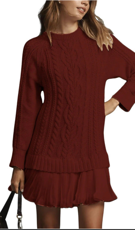 Cable Knit Sweater Dress With Pleated Ruffle Hem - Red