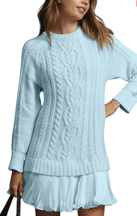 Cable Knit Sweater Dress With Pleated Ruffle Hem - SkyBlue