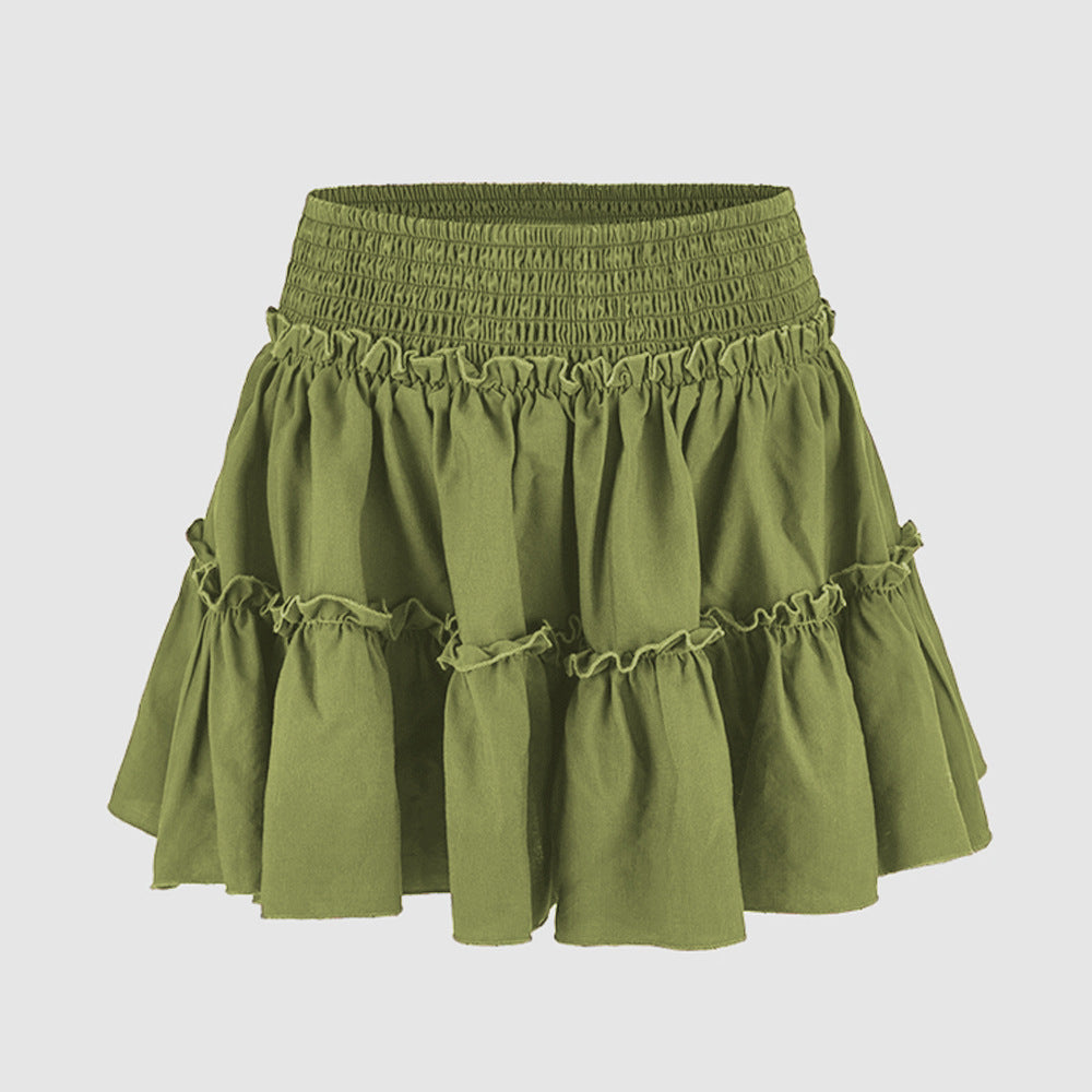 Smocked Waist Ruffled Tiered Mini Skirt - Green