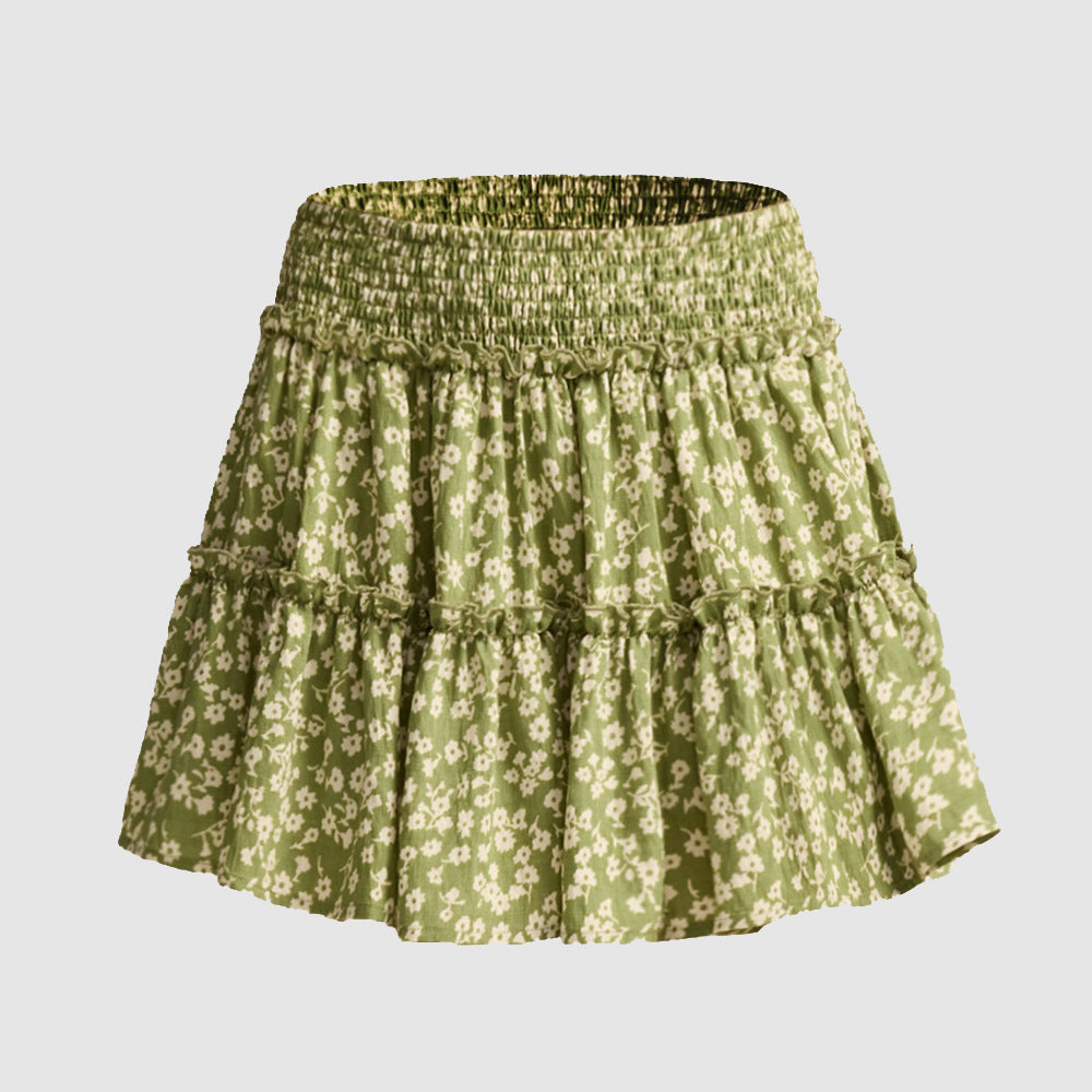 Smocked Waist Ruffled Tiered Mini Skirt - Green_F - 1