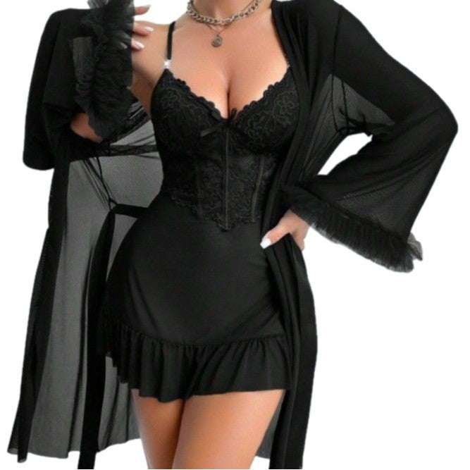 Lace Corset Ruffle Babydoll With Sheer Mesh Robe