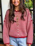 Striped Roll Neck Button Front Cardigan - Red