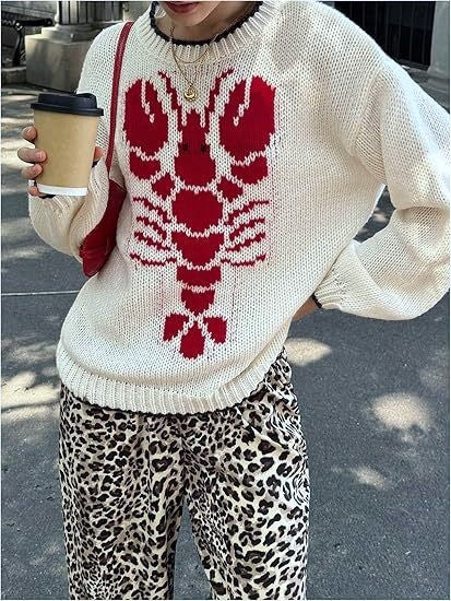 Contrast Trim Lobster Knit Sweater - Apricot - 1