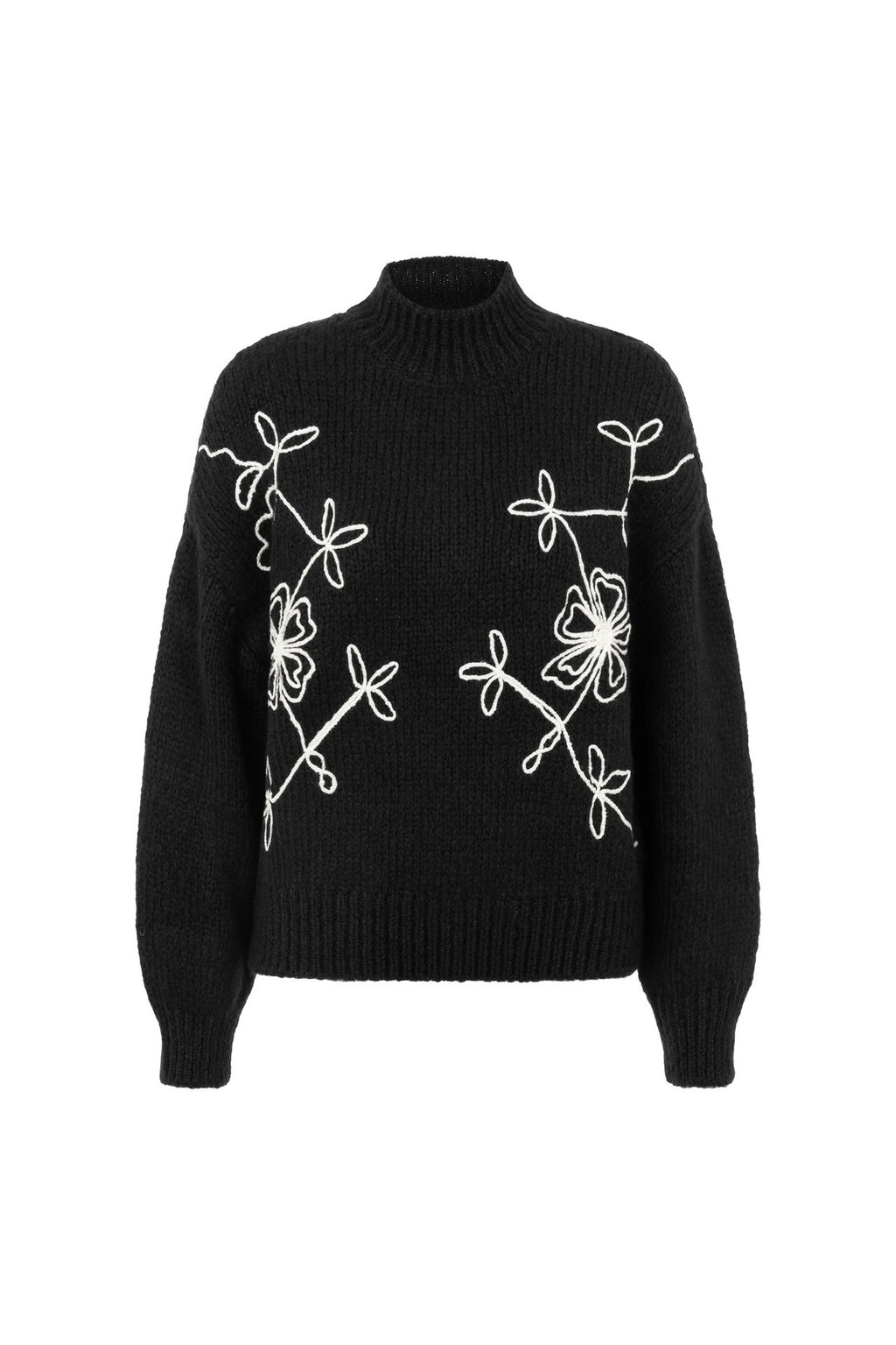 Floral Embroidered Mock Neck Knit Sweater - Black