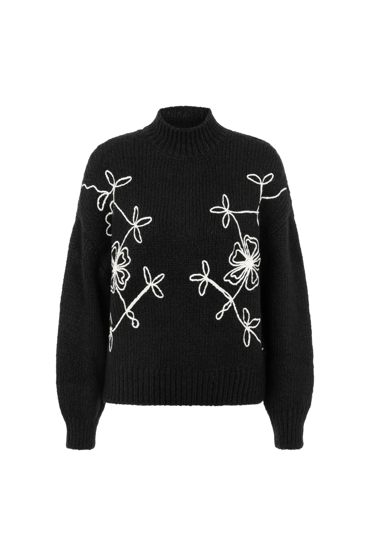 Floral Embroidered Mock Neck Knit Sweater - Black