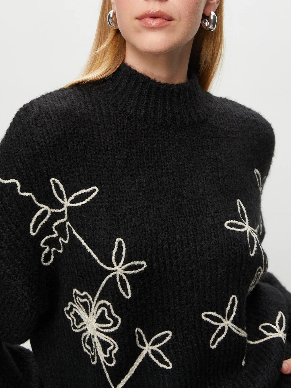 Floral Embroidered Mock Neck Knit Sweater - Black - 2