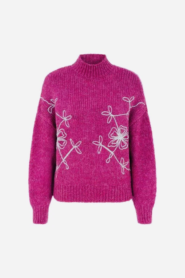 Floral Embroidered Mock Neck Knit Sweater - Rosered