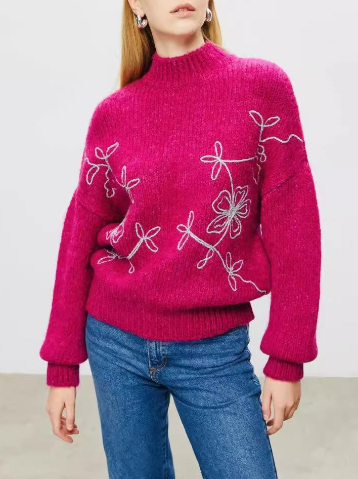 Floral Embroidered Mock Neck Knit Sweater - Rosered - 2