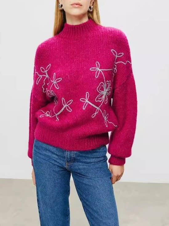 Floral Embroidered Mock Neck Knit Sweater