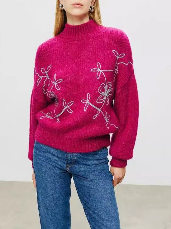 Floral Embroidered Mock Neck Knit Sweater - view 1