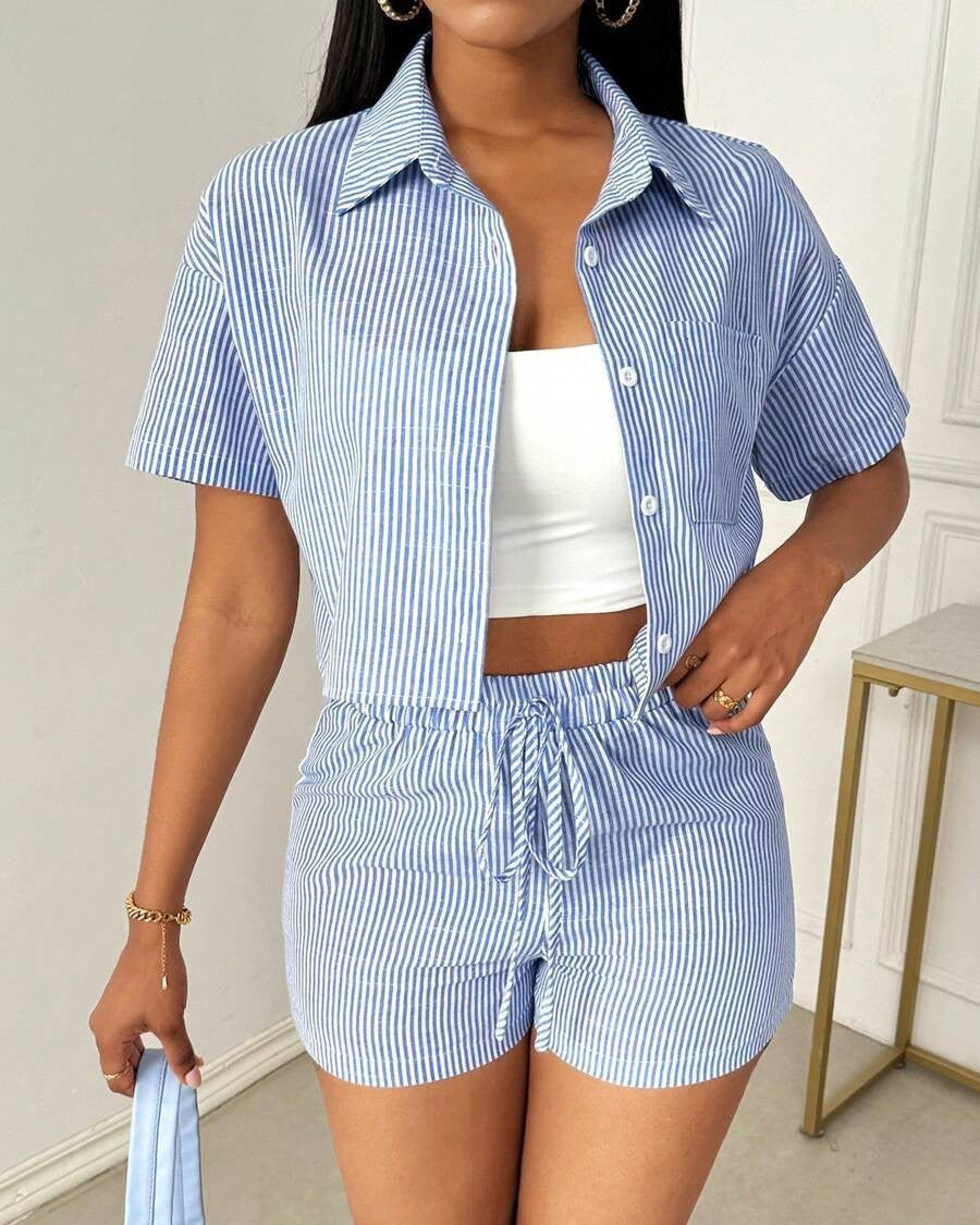 Striped Camp Shirt And Shorts Set - Blue - 1
