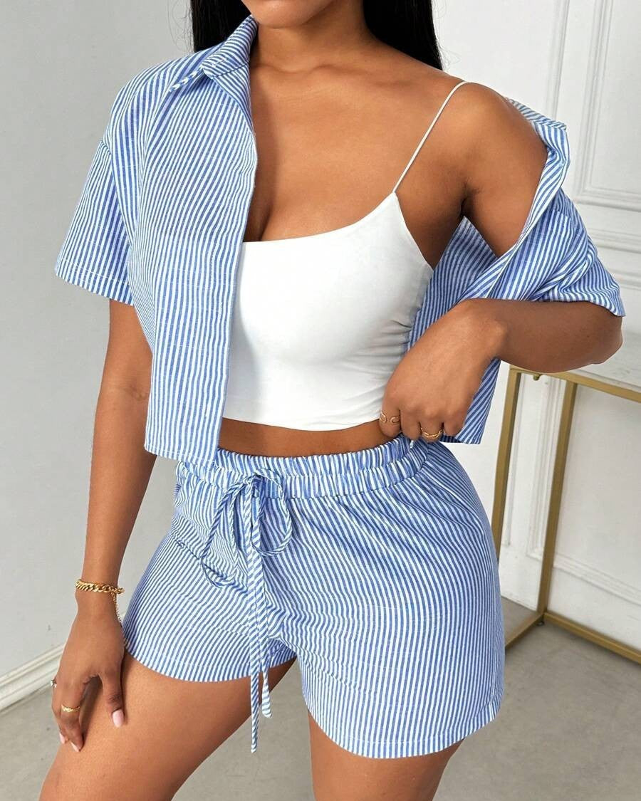 Striped Camp Shirt And Shorts Set - Blue - 2