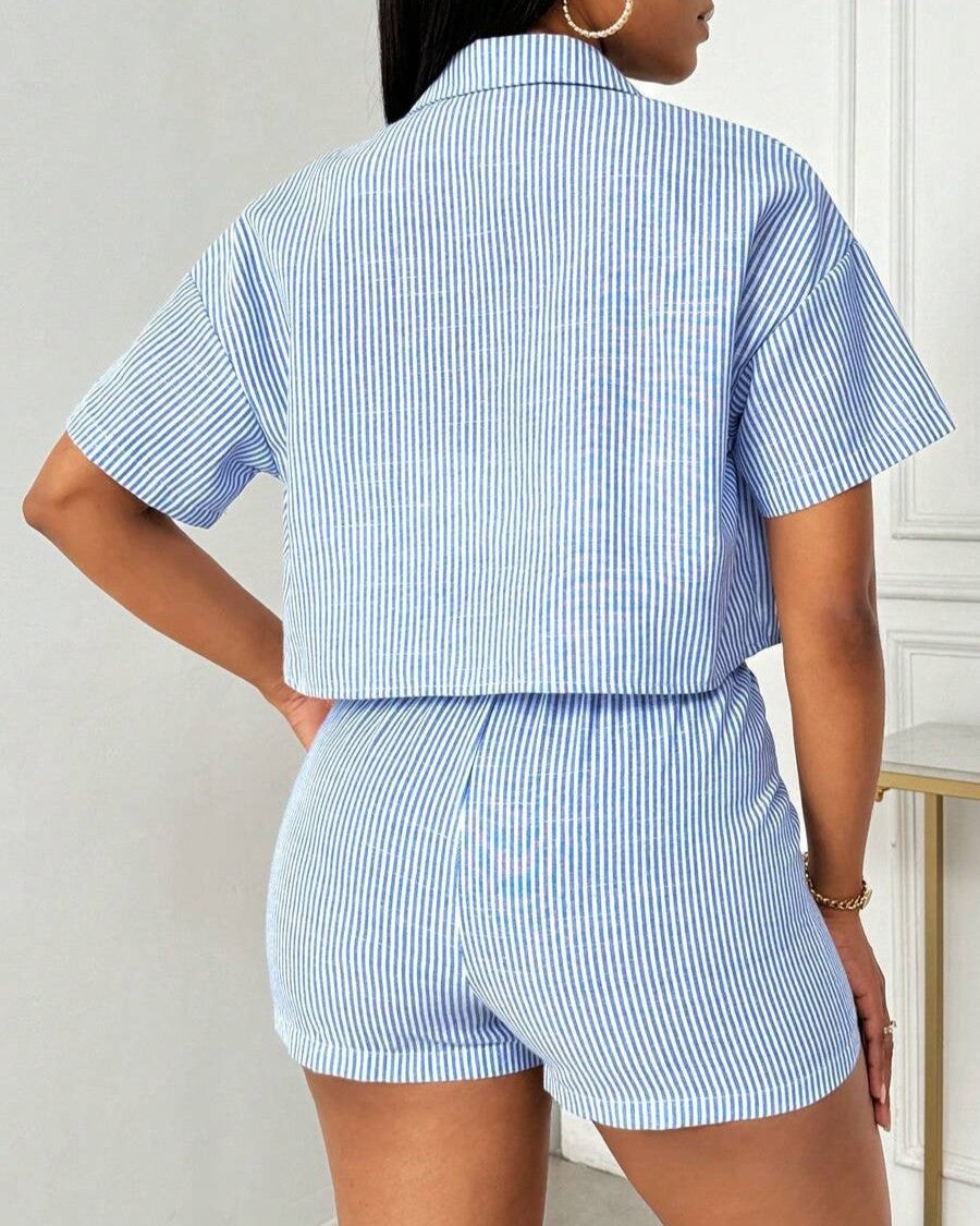 Striped Camp Shirt And Shorts Set - Blue - 3