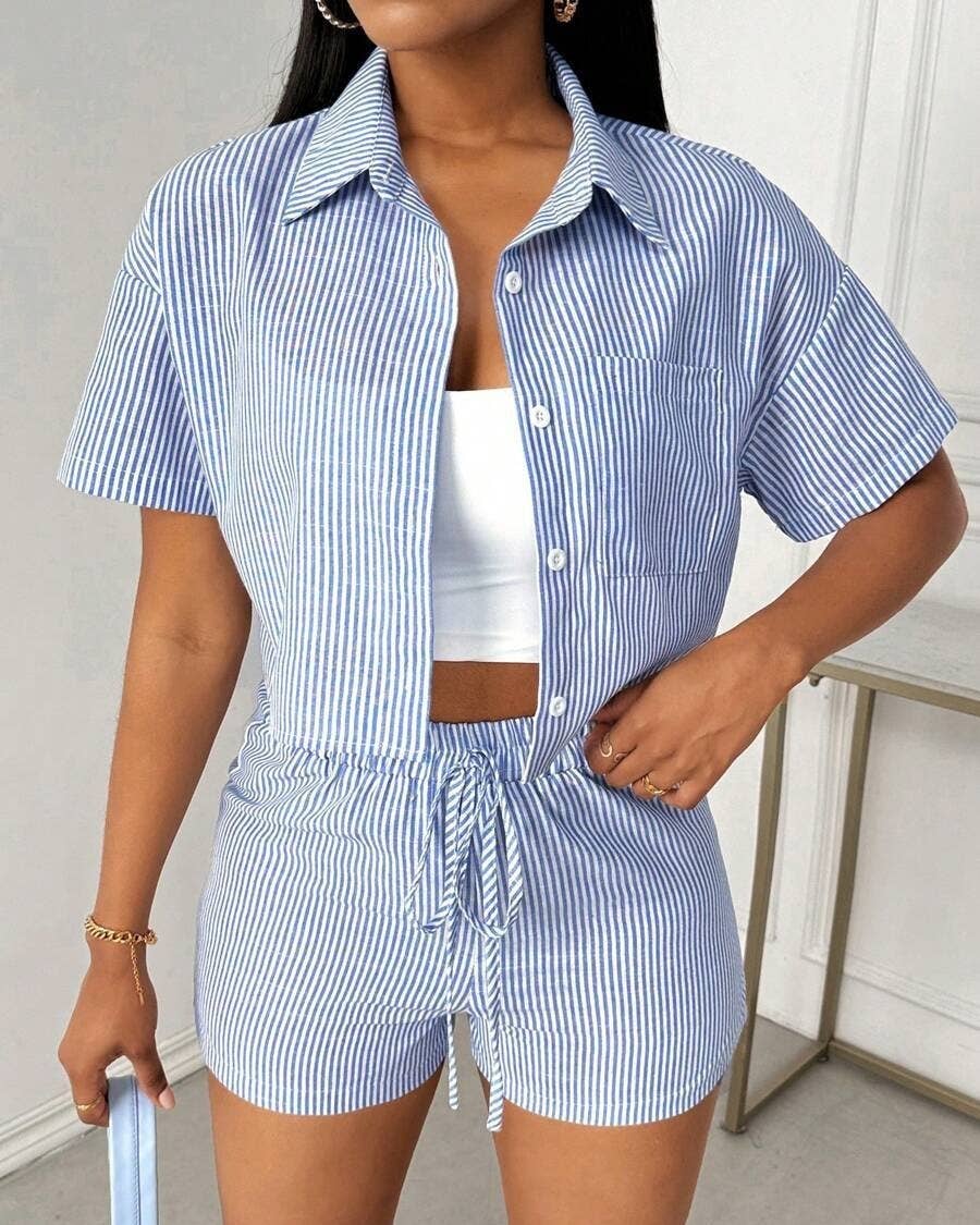 Striped Camp Shirt And Shorts Set