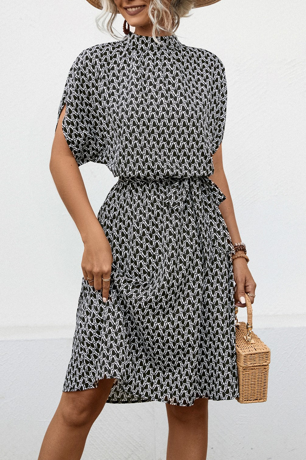 Diamond Print Mock Neck Tie Waist Dress - Black
