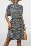 Diamond Print Mock Neck Tie Waist Dress - Black