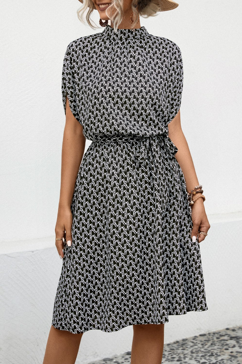 Diamond Print Mock Neck Tie Waist Dress - Black - 1