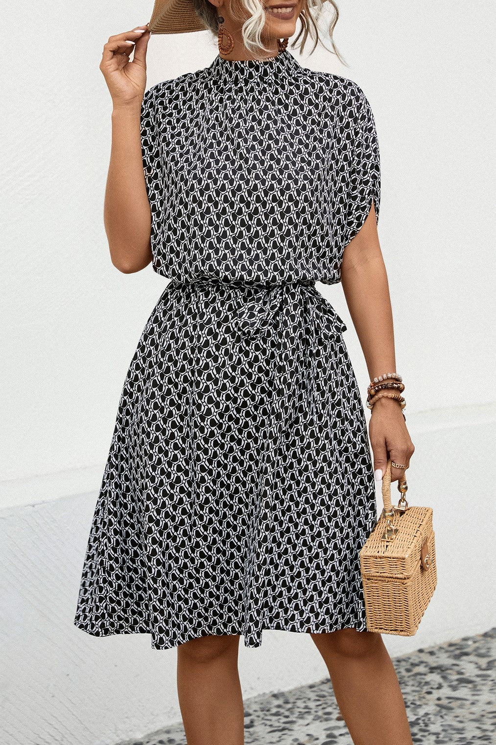 Diamond Print Mock Neck Tie Waist Dress - Black - 2