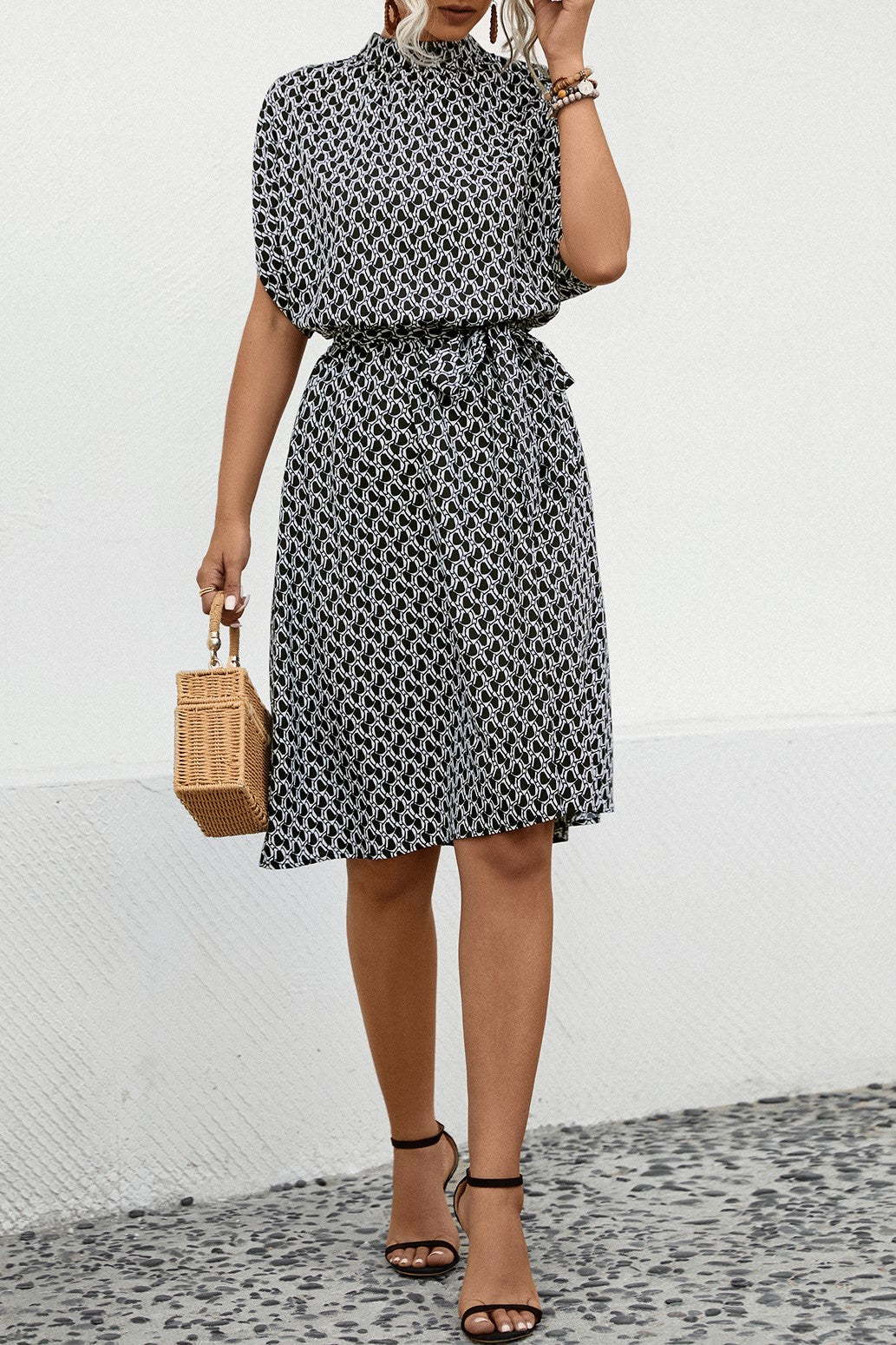 Diamond Print Mock Neck Tie Waist Dress - Black - 3