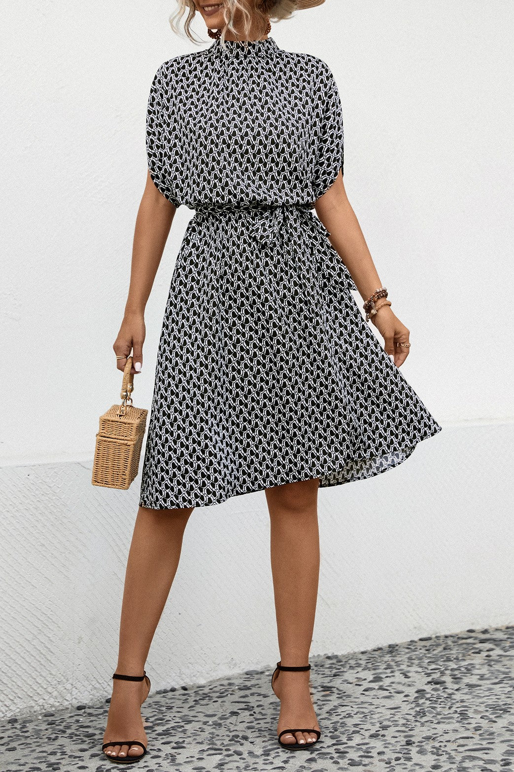 Diamond Print Mock Neck Tie Waist Dress - Black - 4