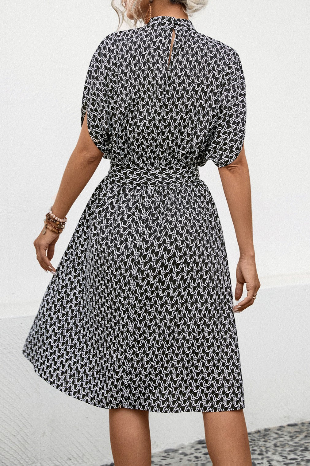 Diamond Print Mock Neck Tie Waist Dress - Black - 5