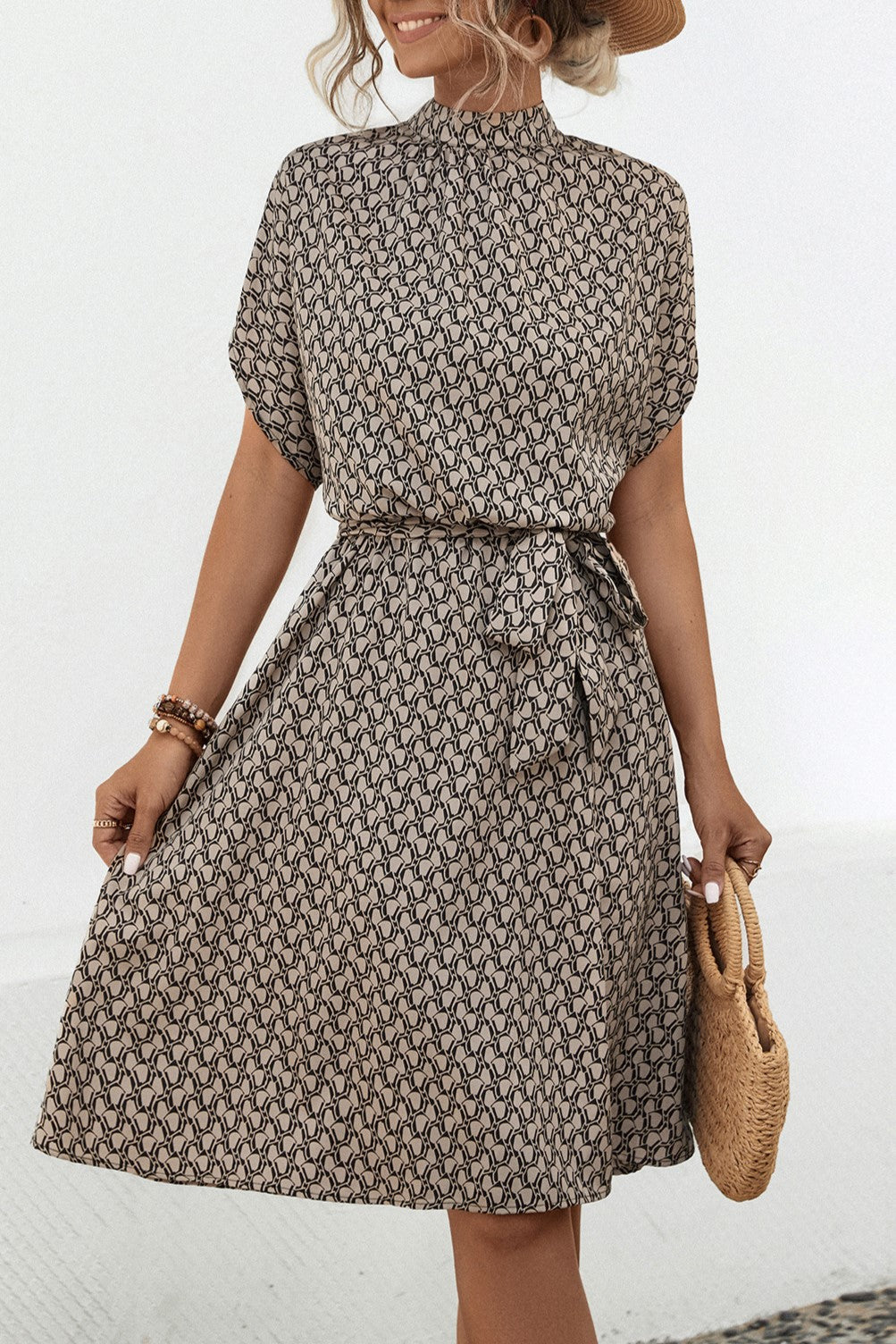 Diamond Print Mock Neck Tie Waist Dress - Coffee
