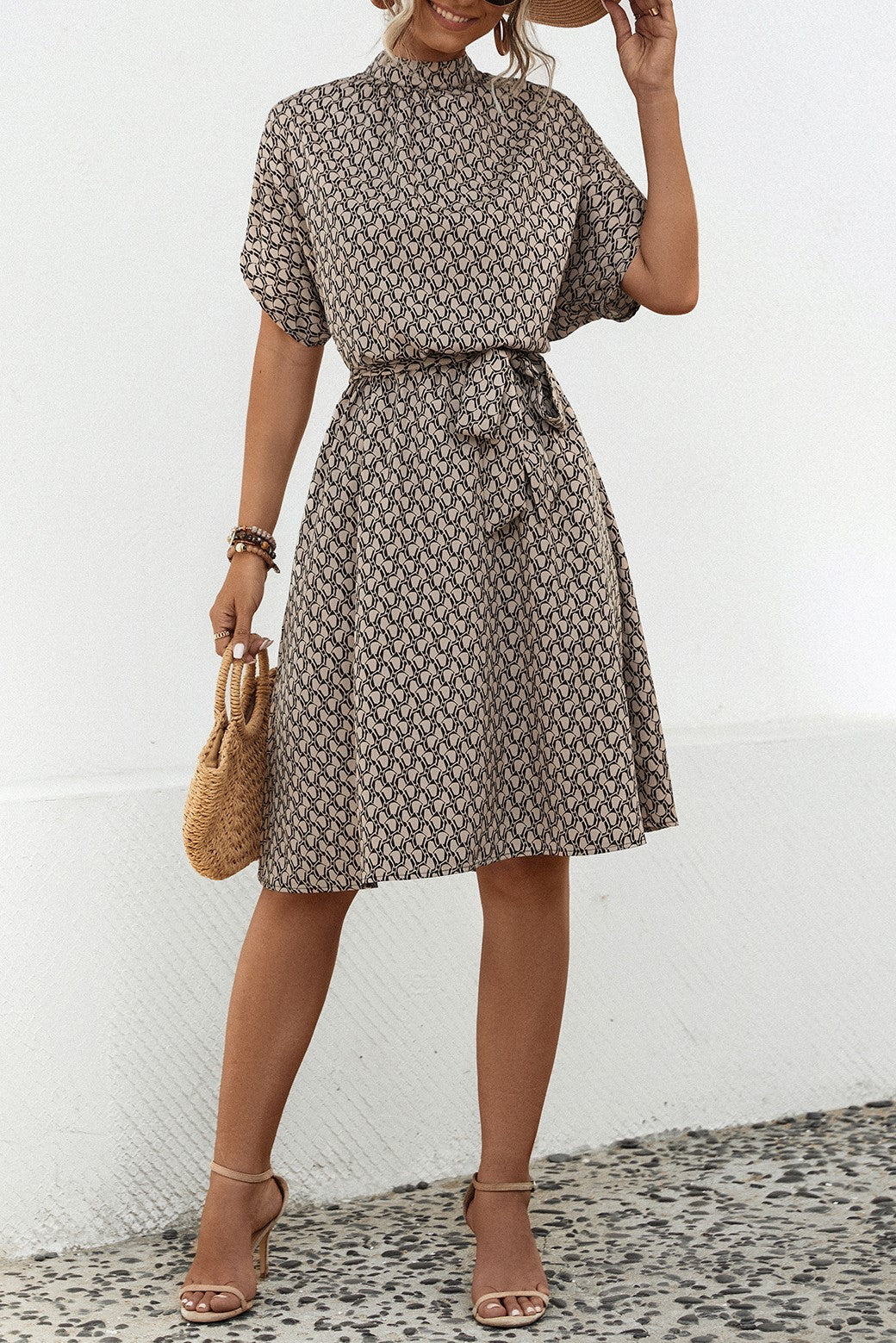 Diamond Print Mock Neck Tie Waist Dress - Coffee - 2