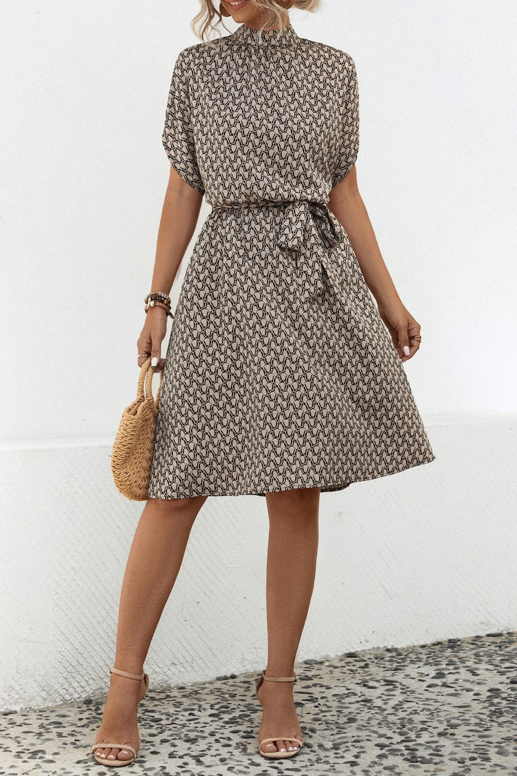 Diamond Print Mock Neck Tie Waist Dress - Coffee - 3