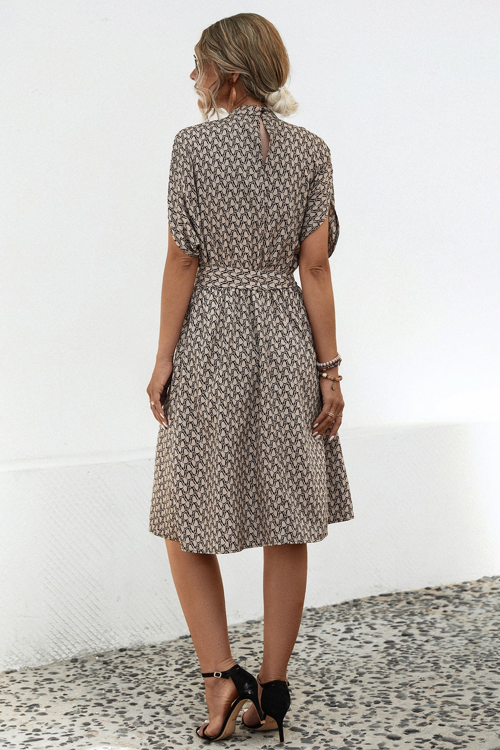 Diamond Print Mock Neck Tie Waist Dress - Coffee - 4