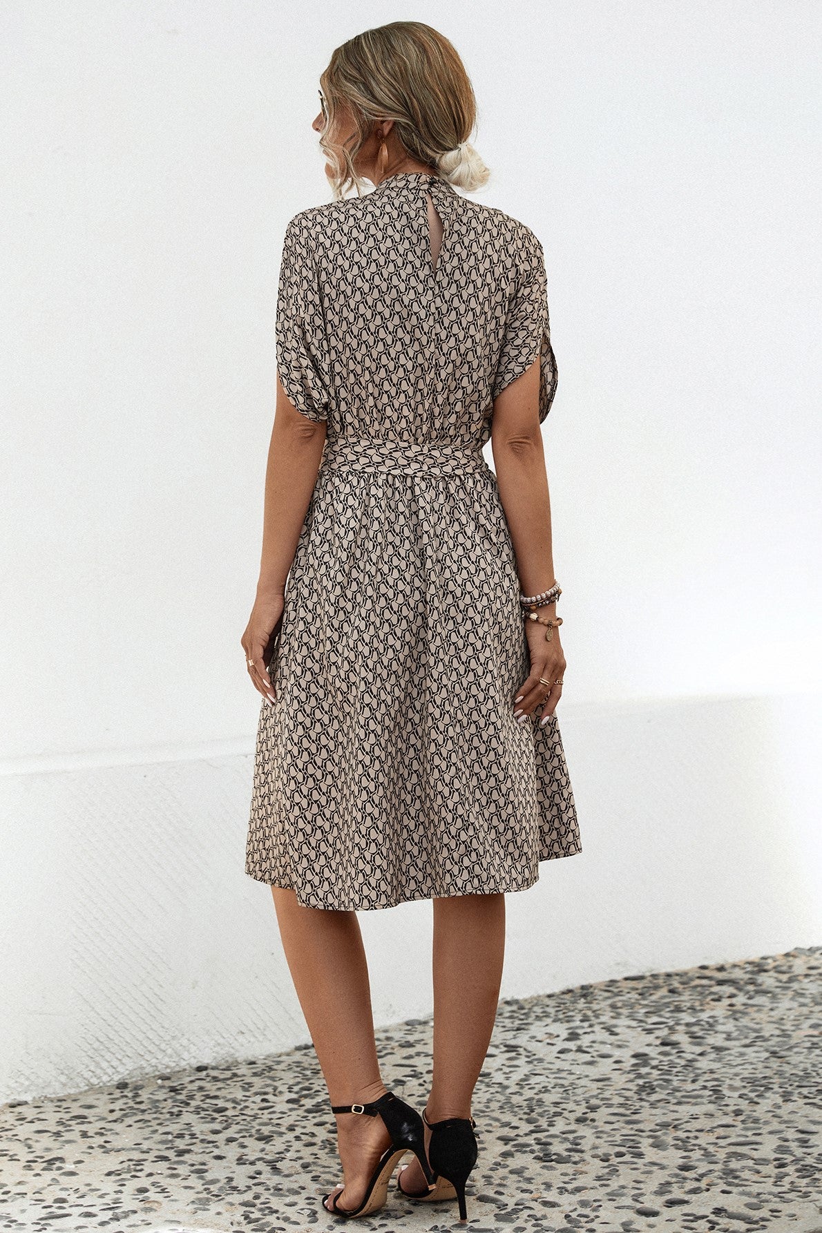 Diamond Print Mock Neck Tie Waist Dress - Coffee - 4