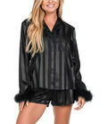 Feather Cuff Striped Satin Short Set - Black