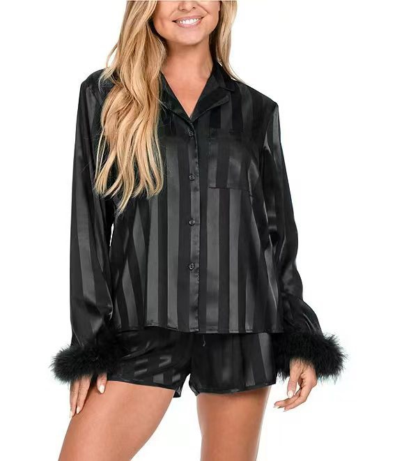 Feather Cuff Striped Satin Short Set - Black