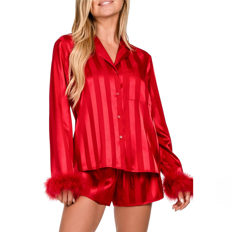 Feather Cuff Striped Satin Short Set - Red - 1
