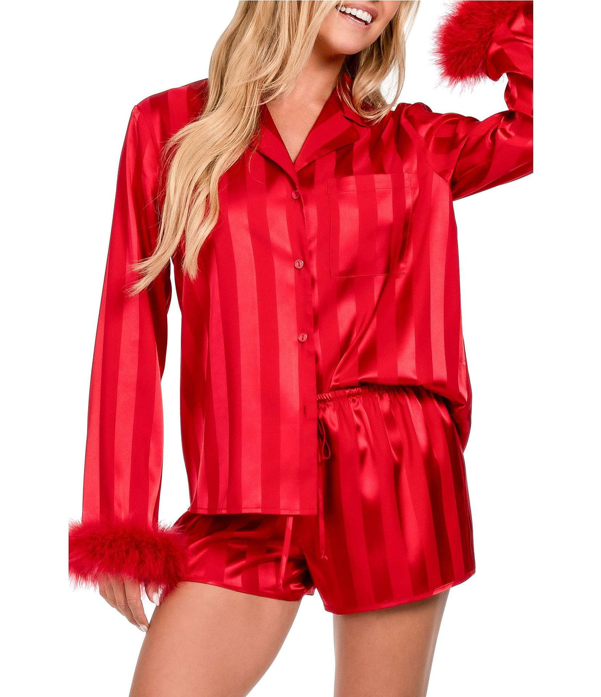 Feather Cuff Striped Satin Short Set - Red - 3